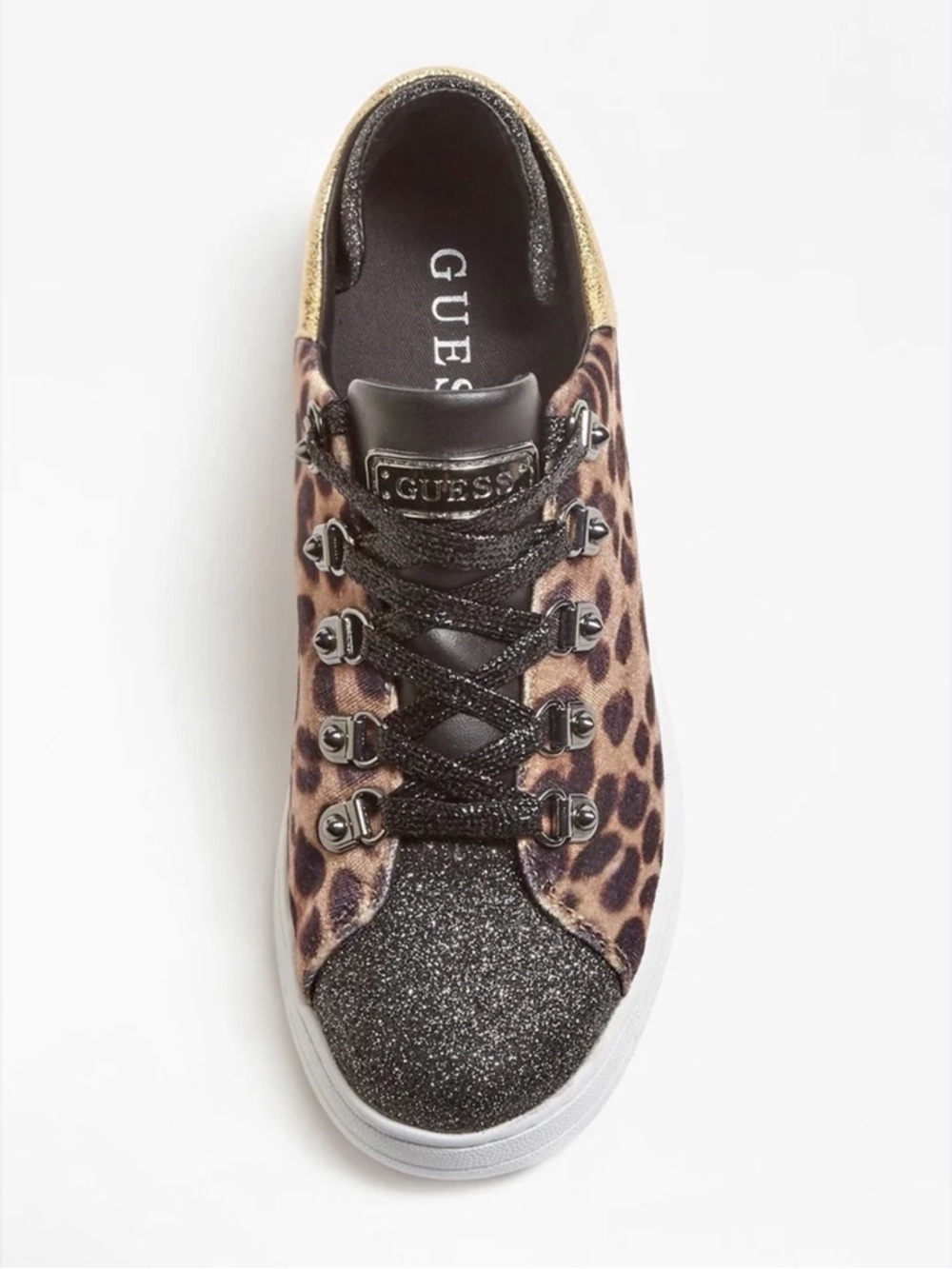GUESS Leopard Print with Black Glitter Toe bold sneaker